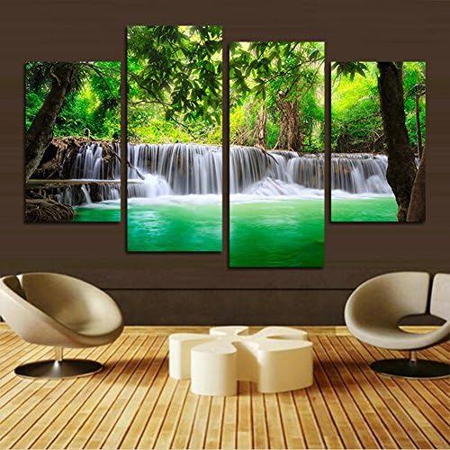 XrsArt 4 unit green waterfall HD pictures of modern art print canvas painting the living room wall decoration (No Frame) Unframed FCa587 48x28 inch