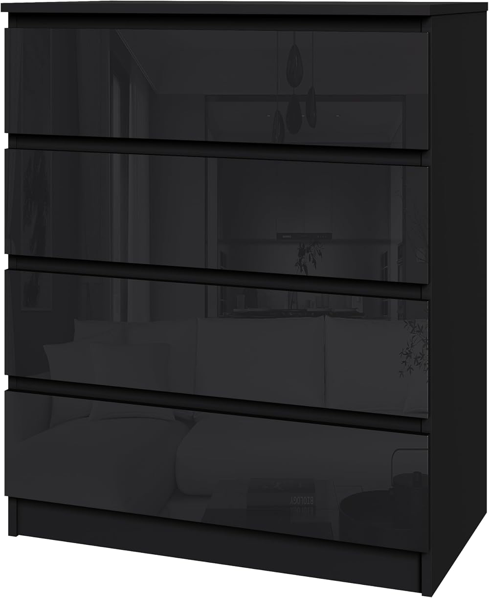 Panana Modern High Gloss Drawer Cabinet 4 Drawers Black No Handle