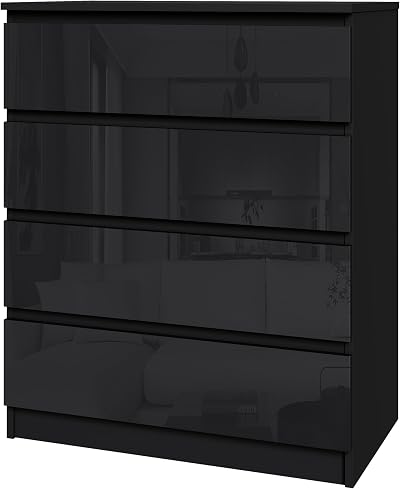 Panana Modern High Gloss Drawer Cabinet 4 Drawers Black No Handle