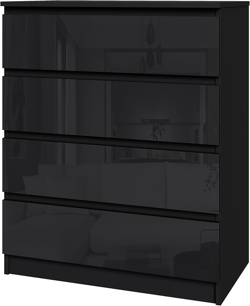 Panana Modern High Gloss Drawer Cabinet 4 Drawers Black No Handle