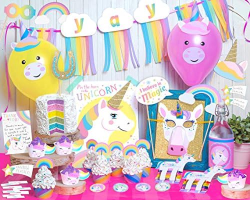 Unicorn Birthday Party Supplies Unicorn Cake Topper Rainbow Unicorn Photo Booth Props Kit For Kids Birthday Baby Shower Wedding Decorations(73Pcs of Pack)