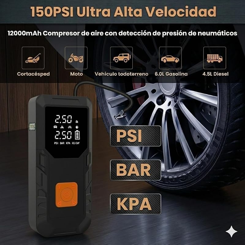 Arrancador de Baterías Coche 12V (Gasolina/Diésel) con 12000mAh Compresor Aire Portátil 150PSI, Power Bank 18W Carga Rápida, Inflador Neumáticos Coche con Linterna LED para Moto Pelotas