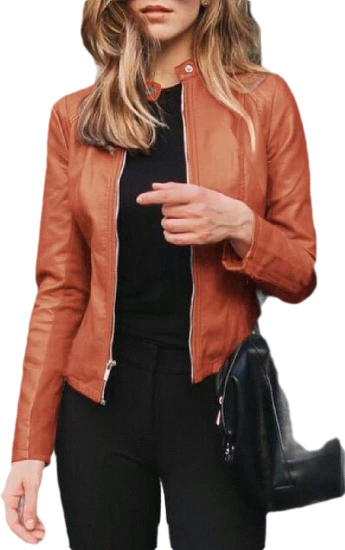 H&E Women Faux Leather Moto Biker Zipper Up Coat Jackets Orange XS