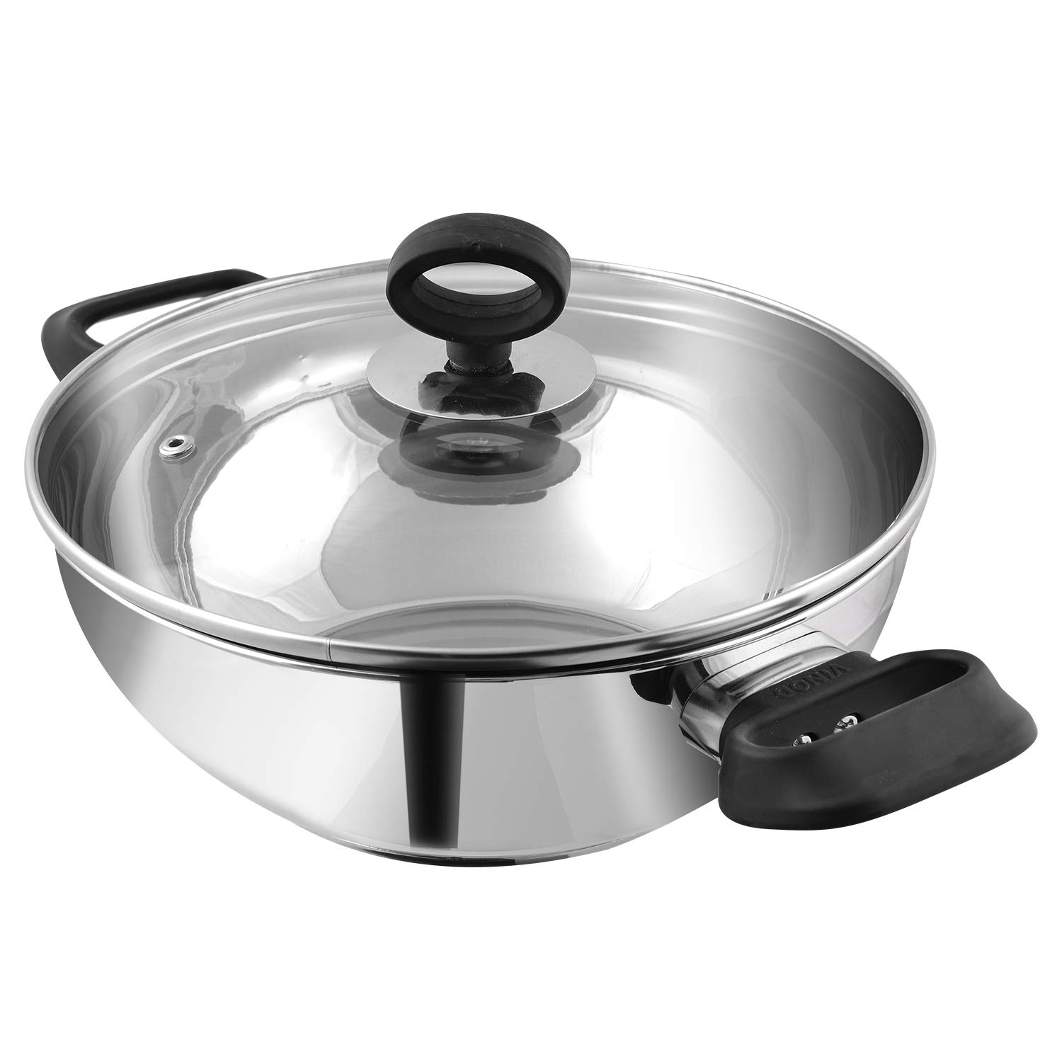 Vinod Stainless Steel Induction Base Deluxe Kadai Wok Frypan - Dia: 22cm |Capacity: 2.4L with Glass Lid