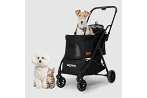 PETTENA Foldable Pet Stroller,4 Wheels Pet Strolling Cart for Small Dogs Cats up to 44 Lbs, Pet Travel Carrier Strolling Cart with Storage Basket, Portable Dog Cat Stroller with Breathable Mesh, Black