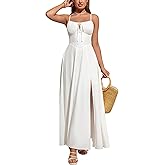 Parthea Womens Spaghetti Straps Corset Dress Boho Flowy Slit Square Neck Casual Midi Dresses