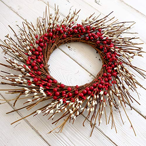 idyllic Rustic Twig Red Berry Wreath 14 Inches Pip Berries Valentine's Day Fall Autumn Indoor Outdoor Decorating Accessory