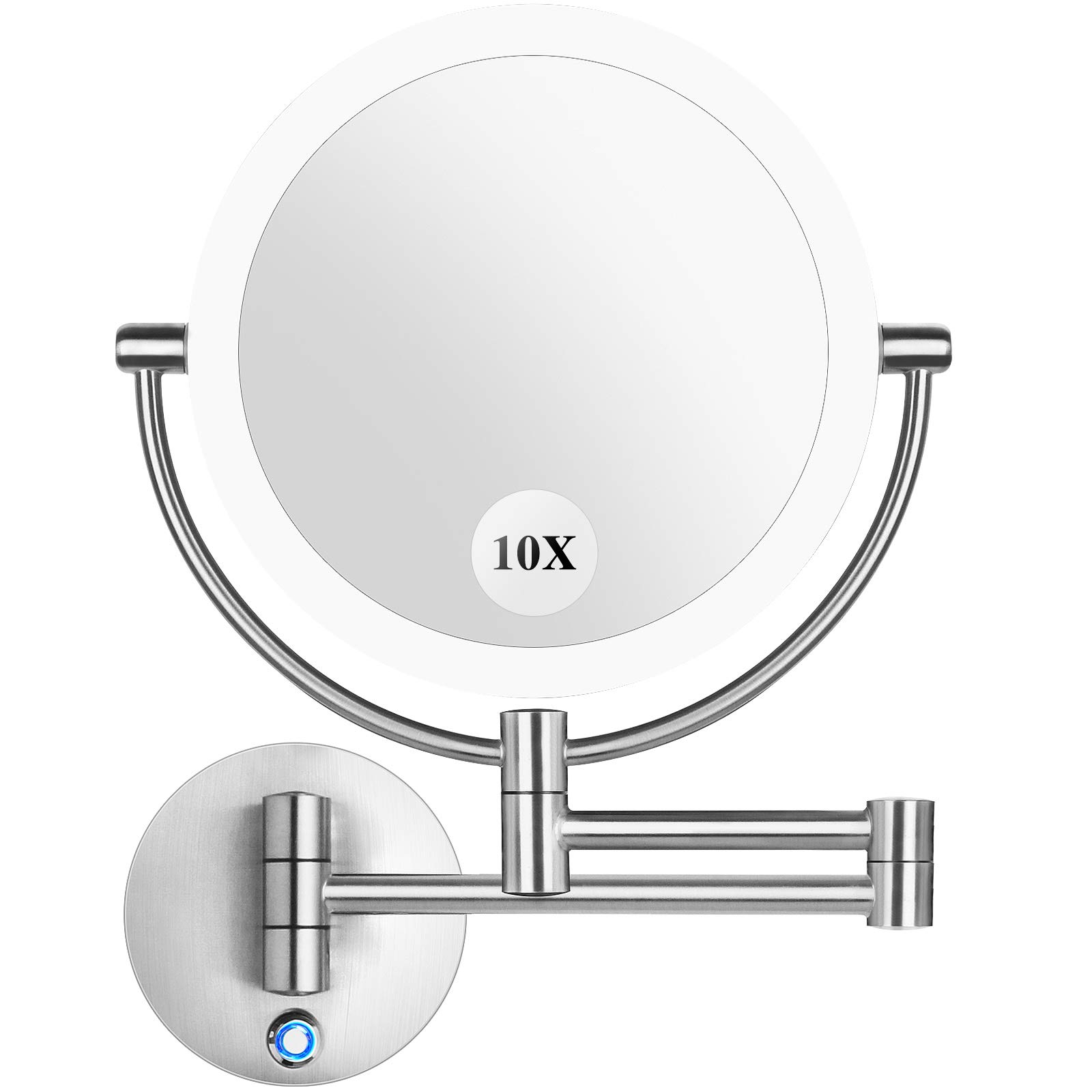 Pansonite LED Wall Mount Makeup Mirror with 10x Magnification, 8.5'' Double Sided 360° Swivel Vanity Mirror with 13.7" Extension and Adjustable Light for Bathroom & Bedroom, Brushed Finished