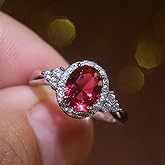 Oval Cut Ruby Diamond Cluster Solitaire Ring Delicate Engagement Rings 14K Gold Plated 925 Sterling Silver Gemstone Ring Natural Ruby Ring for Women Size 8