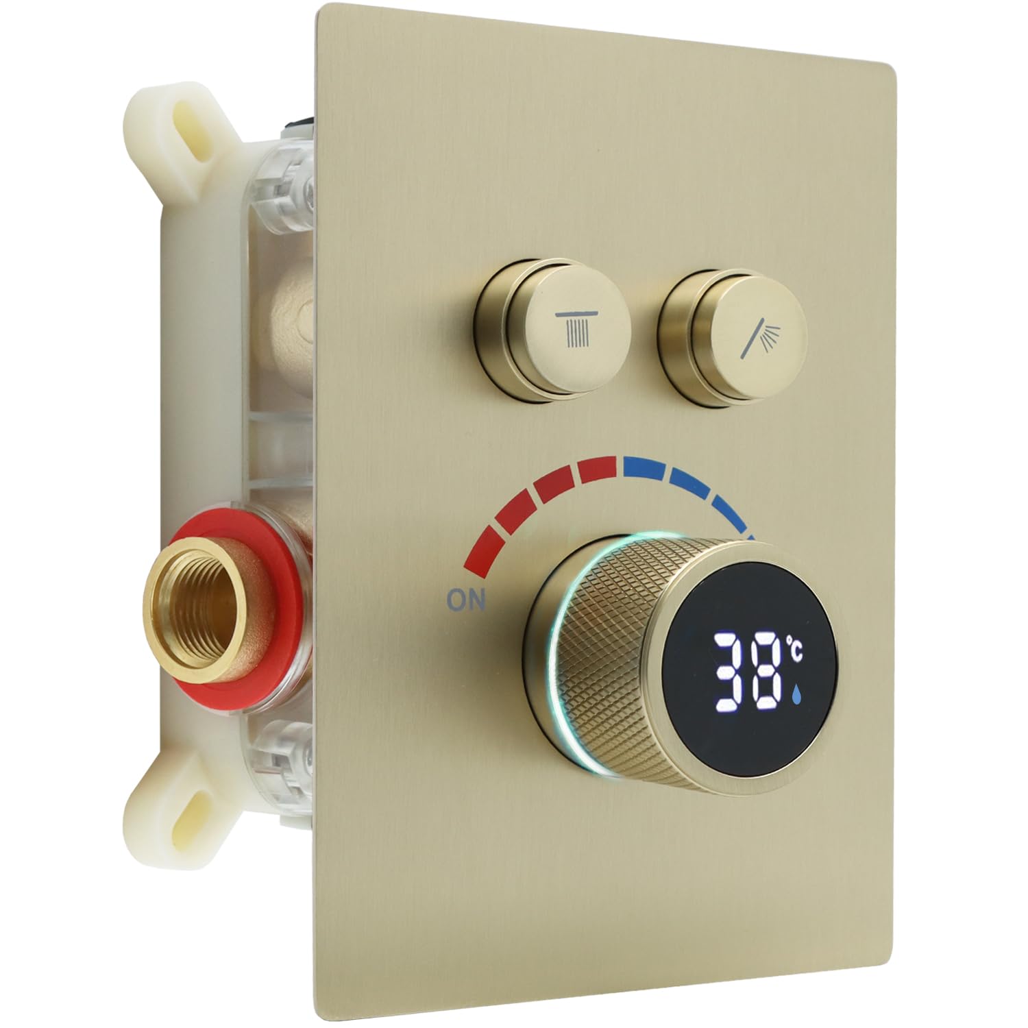 Delnet Solid Brass Shower Mixer Valve, Concealed 2 Way Outlet Digital Display Diverter Valve, Can Use All Options at A Time, Brushed Gold