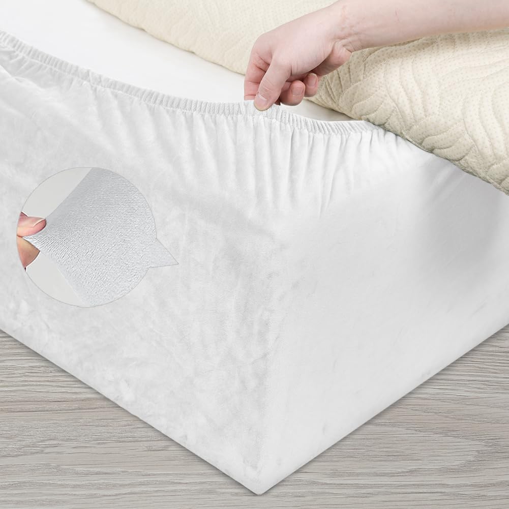 DUJUIKE Divan Bed Base Wrap Cover, Velvet Bed Frame Cover, Elastic Around The Base Of Your Bed, Easy to Install, Alternative to Traditional Valance Sheet Skirt Cover (Double: 150-160cm, White)