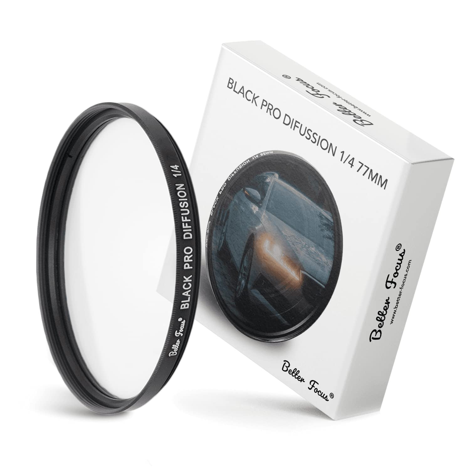 Better Focus Black Diffusion Pro Mist Filter, 1/4-77 mm, Glass, Multi Coating, 1.4x, 77.0 millimeters, Not Water Resistant, 1/4 inch, 7.7 cm x 8.0 cm x 1.0 cm