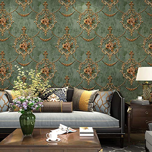 Prior.choice 10X0.53M Vintage Elegant Floral 4 Colors Embossed Textured Non-Woven Wallpaper Roll for Bedroom Livingroom 1.73' W x 32.8' L=5.3㎡ (57sq.ft) (Olive Green)