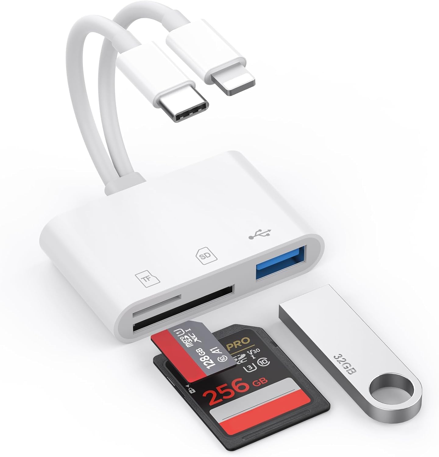 Photo 1 of Aplimln SD Card Reader for iPhone iPad Mac, Lightning & USB-C Dual Connectors Memory Card Reader with SD/Micro SD/USB-A 3 Slots, Digital Camera Adapter to iPhone, Plug & Play