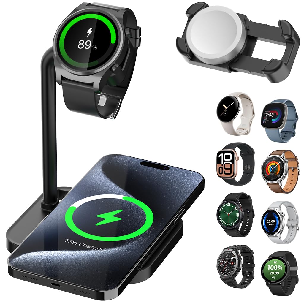 Universal 2 in 1 Wireless Charger Dock with Adjustable Smartwatch Stand, Compatible with Samsung Galaxy, Google Pixel, Huawei, Garmin, AMAZTIM, Fossil, Fitbit, Amazfit, xiaomi, Suunto (02SW-B)