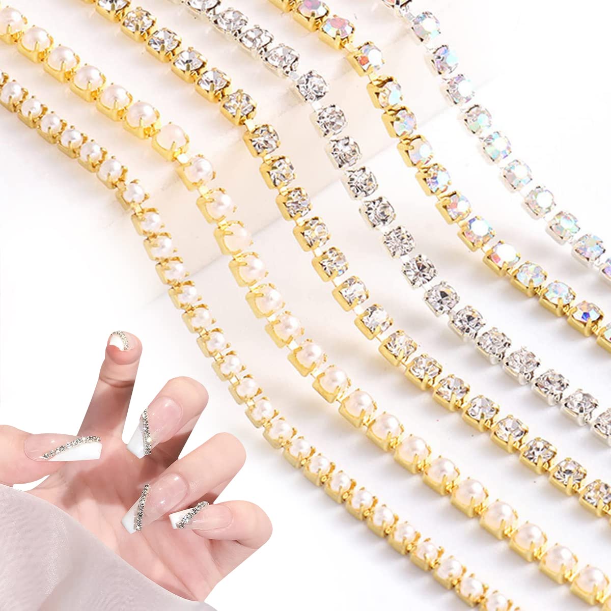 OTKARXUS Nail Art Chains,6 Strips Gold Silver Rhinestone Pearl Metal Chains Nail Art Charms,Punk Nail Decorations Nail Art Studs for Women Girls Manicure Design DIY Crafts