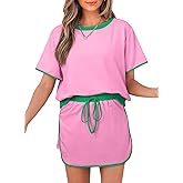 Opemiby Womens 2 Piece Skort Set 2026 Color Block Short Sleeve Top Drawstring Skort Matching Sets Casual Lounge Summer Outfit