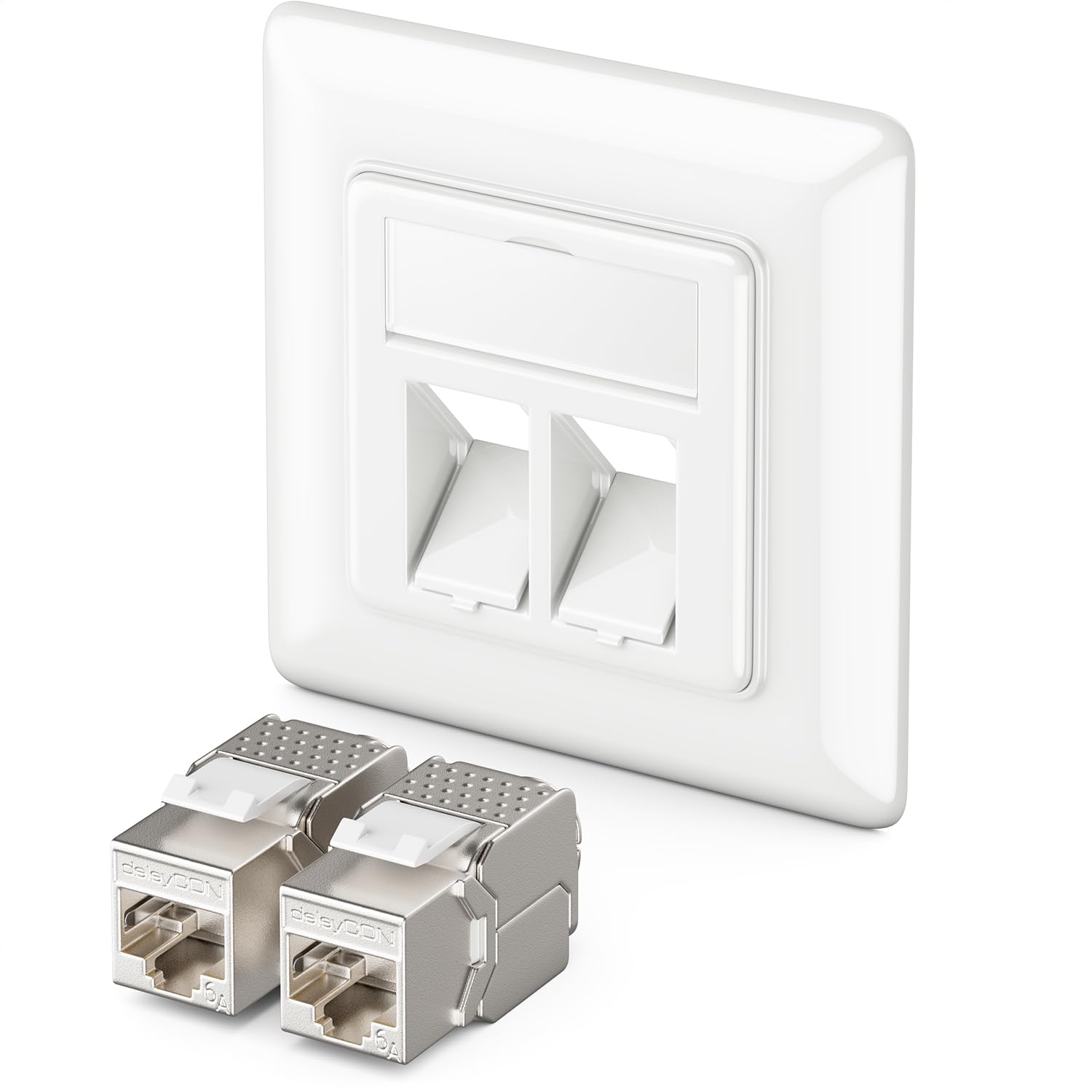deleyCON Keystone Network Data Socket Flush-Mounting 2x CAT 6a Keystone Jack Modules RJ45 Socket Network Installation Cables Fully Shielded Uni White