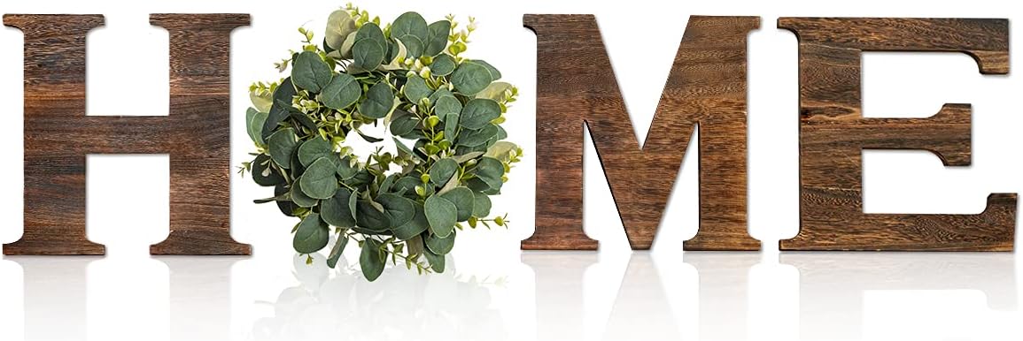 BITLIFUN 12in Home Sign Wall Hanging Wood Letters with Artificial Wreath for Wall Decor, 12in Rustic Wall Letters Home Decor,Farmhouse Wall Decor for Living Room,Bedroom, Kitchen,Doorway,Nail,Brown+W2
