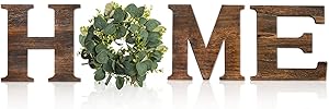 BITLIFUN 12in Home Sign Wall Hanging Wood Letters with Artificial Wreath for Wall Decor, 12in Rustic Wall Letters Home Decor,Farmhouse Wall Decor for Living Room,Bedroom, Kitchen,Doorway,Nail,Brown+W2