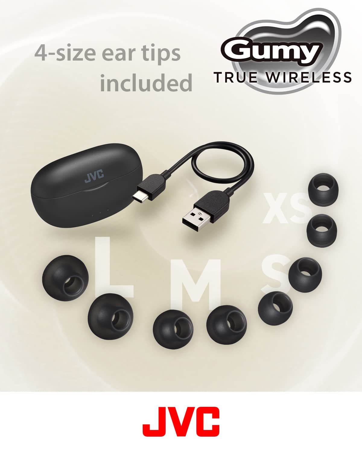 JVC Gumy True Wireless Earbuds, Bluetooth 5.3, Charging Case, 24-Hour Playback, IPX4 Water Resistant, Comfortable Secure Fit with XS/S/M/L Earpieces, Built-in Mic for Calls, iPhone/Android/PC - HAA7T2