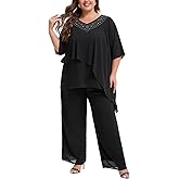 Plus Size Mother of Bride Pant Suits 2 Piece Ruffle Layers Chiffon Sets High Low Hem Wedding Guest Outfit