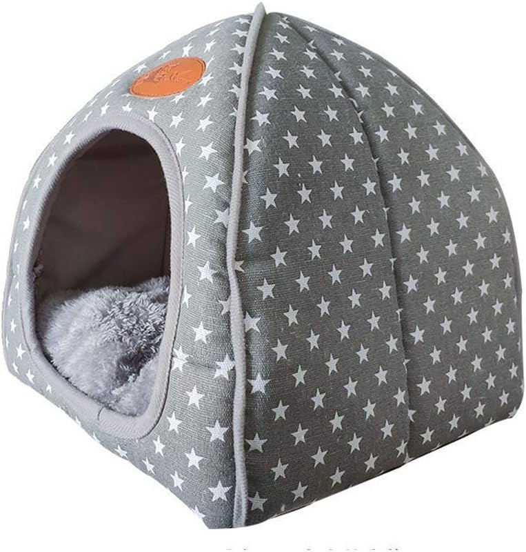 Cat Den In Igloo 2 In 1 Foldable Cat Cave Cosy Sleeping Self-Warming Hideout Bed with Soft Removable Cushion for Cats/Rabbits/Small Dogs, Star Gray, S 25x25x27cm