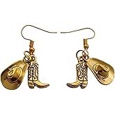 Western Style Vintage Country Cowboy Hat Earrings, Boot and Hat Charm, Farm Lover, Gold Color Cowboy Dangle Earrings Original Jewelry