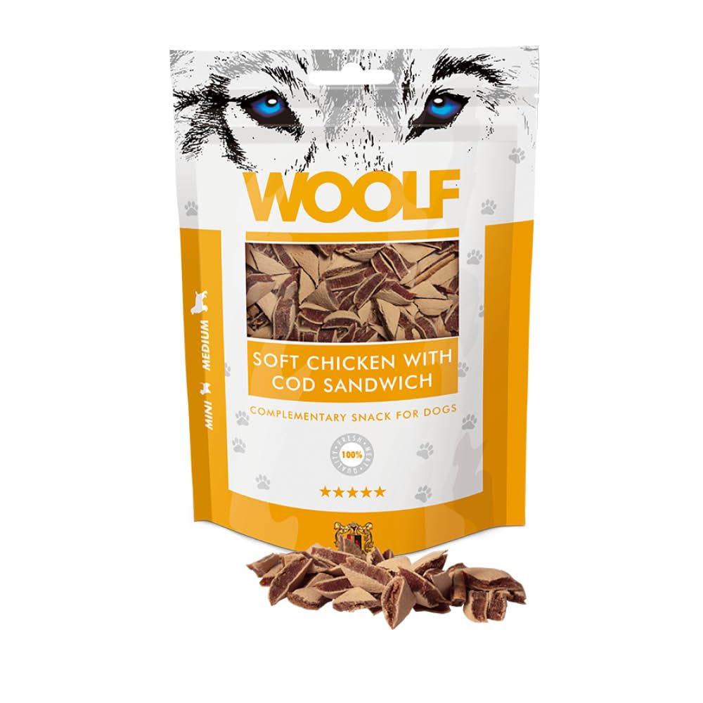 WOOLF Chicken with Cod Sandwich Dog Treat - Complementary Snacks for Dogs. All-Natural Ingredients, High Meat Content, Nutritional, Free from Artificial Additives. For Small and Medium Dogs (100g)
