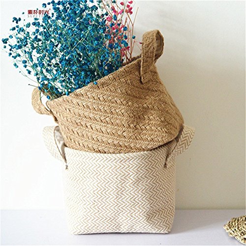 Storage Basket Flower Pot Blended Weaving Line Laundry Handmade Organizer Plant Box Garden Kids Toys Nursery Handle Bag by Xiaolanwelc (Weaving linen, L) - Thumbnail 2