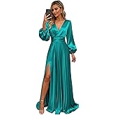 RSOETOO V Neck Long Sleeves Bridesmaid Dresses for Women A-Line Long Satin Formal Party Dress with Slit RON028