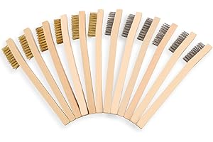 MAXMAN Wire Brush Set 12Pcs,Small Detailing Wire Scratch Brushes for Cleaning, Brass/Stainless Steel Bristles with 8" Curved Wood Handle for Metal Rust Remover,Paint, Dirt, Paint Scrubbing