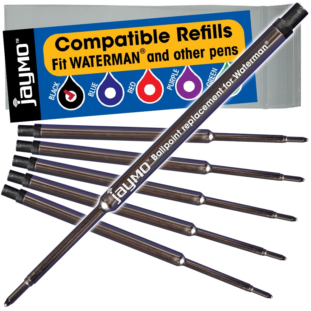 Jaymo Replacement for Waterman 834254 - Measures 4.4 in / 112 mm Long - Ballpoint Pen Refill - 6 Black