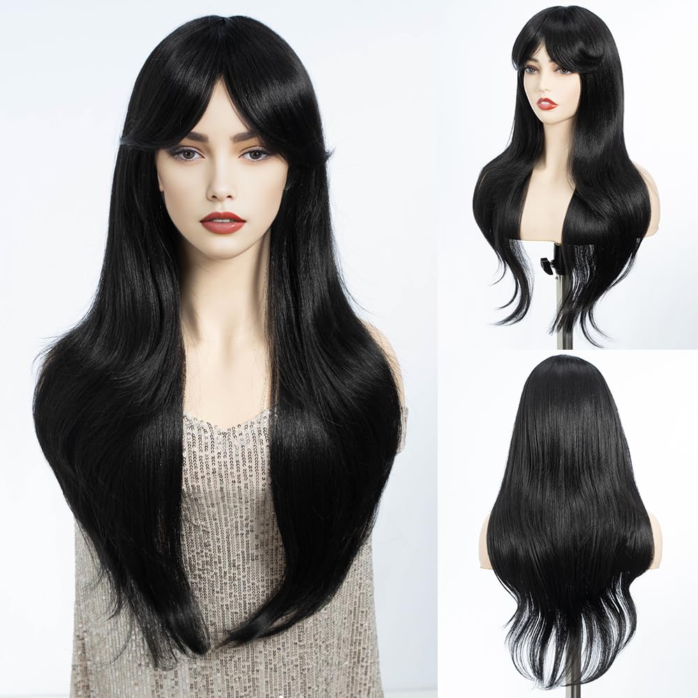 DÉBUT Long Black Wig With Fringe for Women Heat Resistant Synthetic Layered Hair Wigs With Bangs for Daily Party Cosplay Use（26 inches, 1B）