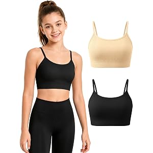 V FOR CITY Girls Training Bra with Adjustable Straps Teen Bras 9-14Y 2 Pack | Spaghetti Straps, Scoop Neck, Stretch Ribbed Fa