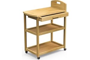 Purbambo Bamboo Kitchen Storage Cart, 3 Tier Rolling Cart, Mobile Utility Cart Trolley with Drawer and Lockable Casters for Home Kitchen