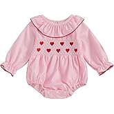 mlpeerw My First Valentines Baby Girl Outfit Newborn Heart Smocked Bubble Romper Bodysuit Cute Valentines Spring Clothes