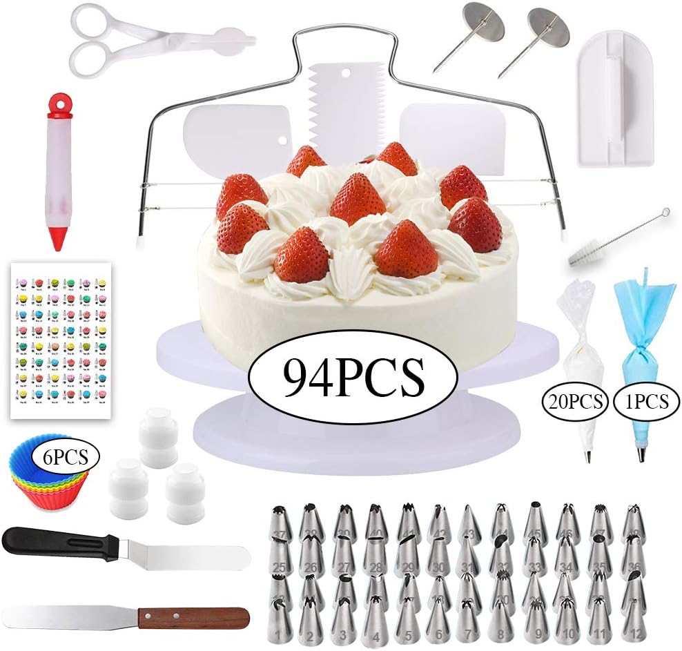 Aogist 94-Piece Cake Decorating Supplies Professional Cupcake Decorating Kit with Cake Turntable Stand, 48 Icing Tips, 3 Piping Couplers, 20 Disposable Pastry Bag, Icing Spatula and More Pastry Tools
