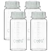 COMI Natural Glass Baby Bottle,Standard Neck Breastmilk Storage Bottle for Fridge,Breast Milk Container,Breast Pump Bottle Compatible with Medela Breast Pump,BPA Free,4PCS(5.1oz,4 Gray Lids)