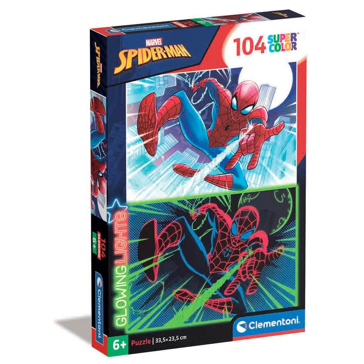 Clementoni - 27555 - Glowing Lights Collection - Marvel Spiderman, puzzle glow in the dark - 104 Pieces - jigsaw puzzles for kids age 6 - Made in Italy, cartoon puzzles