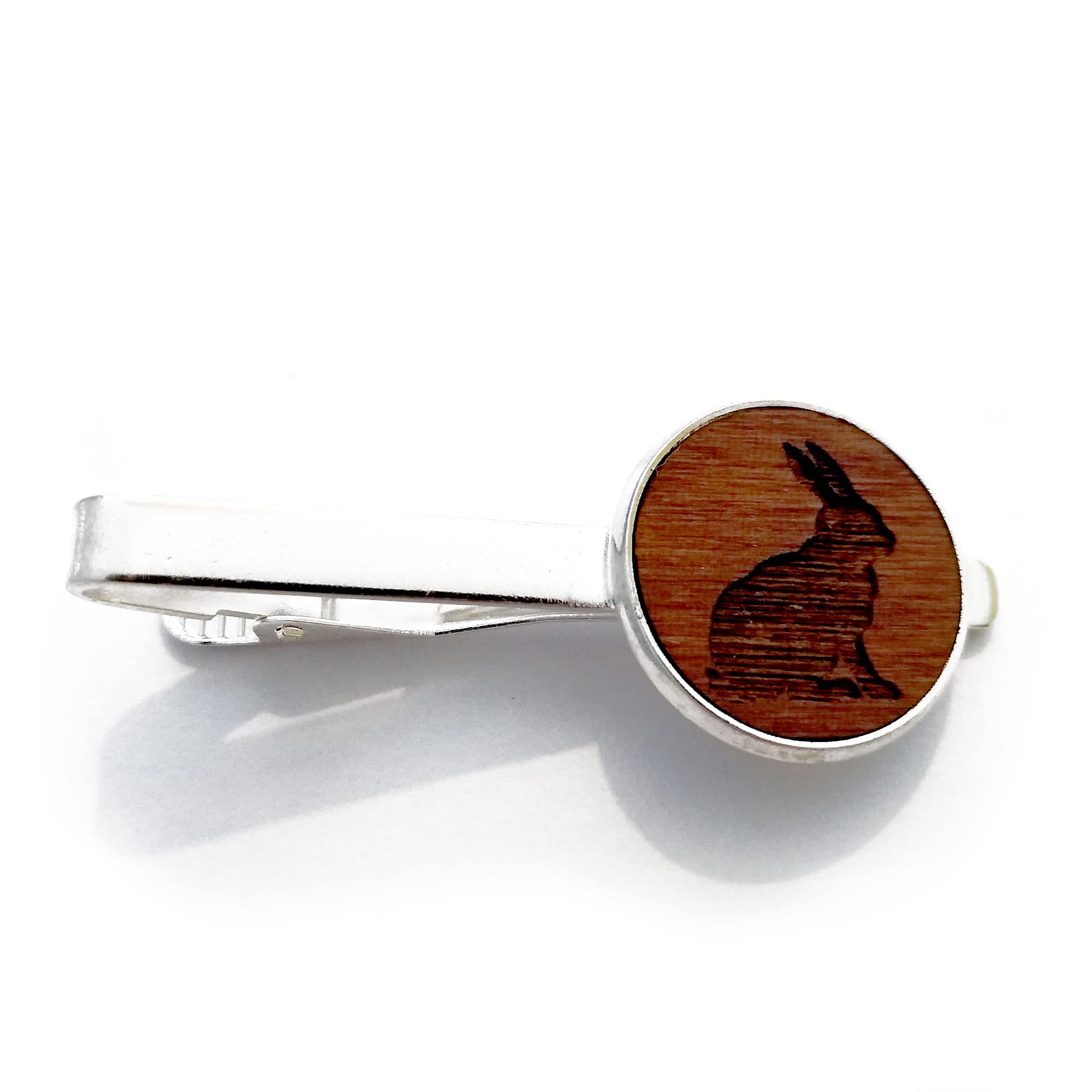 Rabbit Tie Clip, Wooden Tie Bar, Mens Necktie Clasp Clip Clamp Pin, Engraved 5th Anniversary Wedding Present, Gift for Dad, Groomsmen, Usher, Birthday, With Gift Box