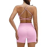 SUUKSESS Women 2 Piece Workout Sets Strappy Sports Bra High Waist Biker Shorts with Pockets