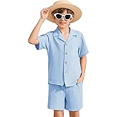 Flygo Boys Summer 2 Piece Beach Outfits Casual Short Sleeve Button Down Shirts and Shorts Vacation Outfit Textured Sets