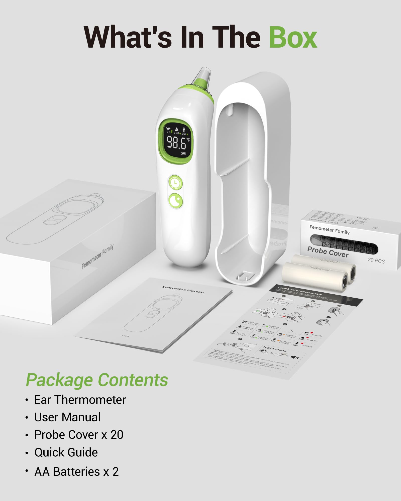 Ear Thermometer with Heated Probe, High Accuracy Thermometer for Kids, Adults and Babies with 32 Memory Recall, Mute and Night Light, Includes 21 Disposable Probe Covers, Storage Box,