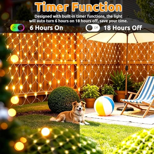 Joycome Outdoor Christmas Light Net 3 x 2 m 200 LED Net Lights with Plug, Timer, 8 Modes Christmas Tree Lights Waterproof Light Curtain for Balcony Garden Ceiling Terrace – Warm White