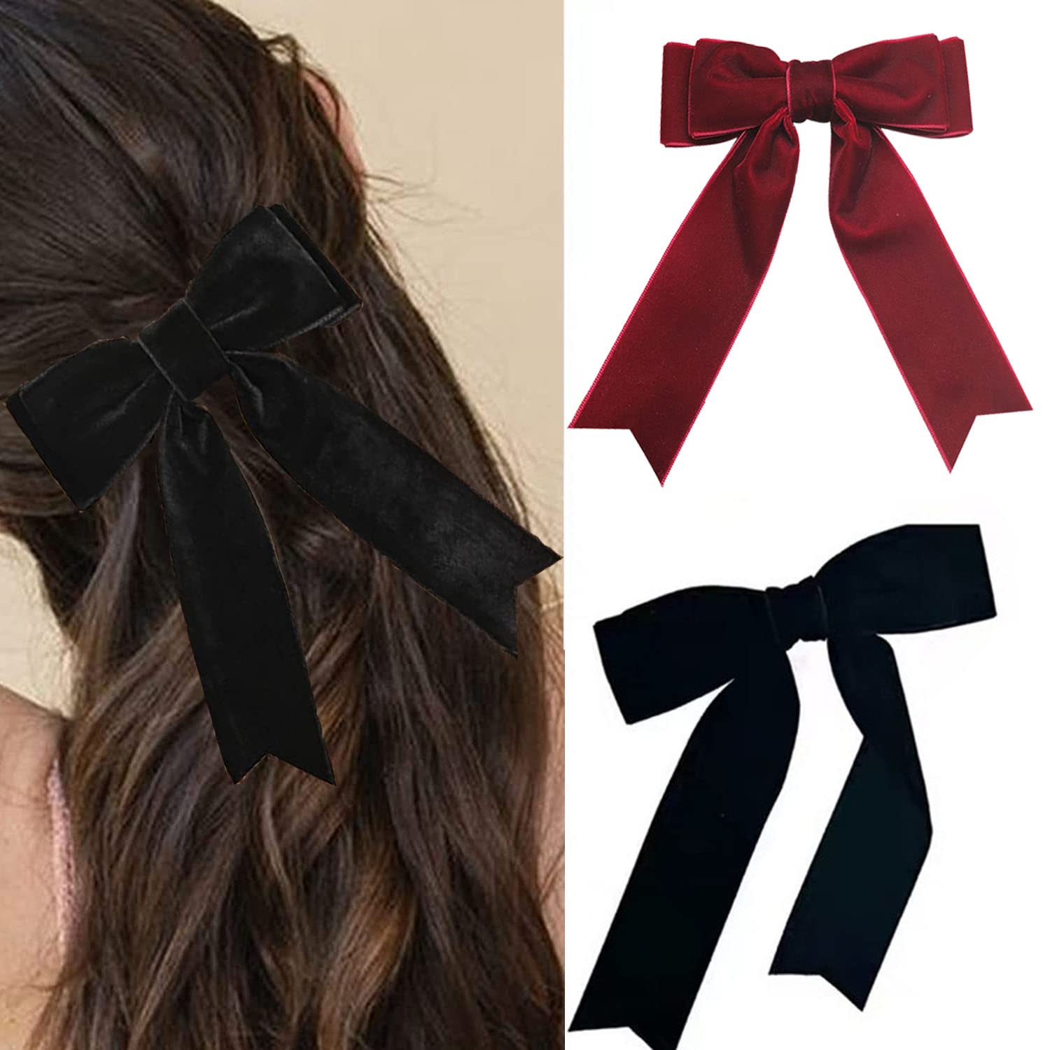 Velvet Bow Hair Clip - Large Satin Ribbon Bows with Long Ribbon - Vintage Party Hair Accessories for Women & Girls - 2PCS (2Pcs Black & Red Velvet)