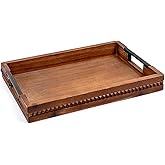 Wooden Serving Trays with Metal Handles Vintage Ottoman Tray 15 X 11 Wooden Retro Decorative Trays with Geometric Beads for Coffee Table & Home Decor (1 Pack)