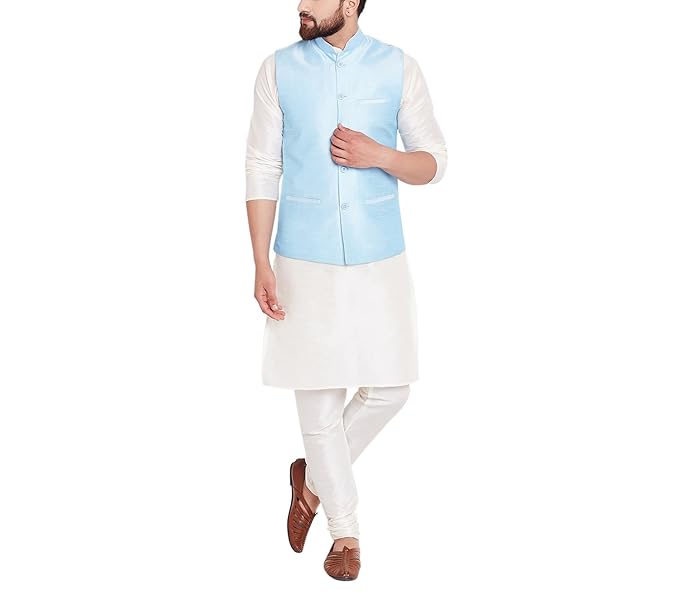 (Since 1958), Cream and Turquoise Blue Silk Blend Kurta Pyjama & Nehru Jacket sets