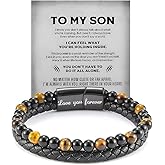 DivaGlamz The Guardian - Son's Tiger Eye Protection Bracelet From Mom, Black Braided Leather natural stone Inspirational Bracelets Engraved Love You Forever Birthday Gift Jewelry