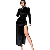 Suillty Women Long Sleeve Side High Slit Velvet Midi Dress Sexy Mock Neck Ruched Bodycon Party Cocktail Long Dresses